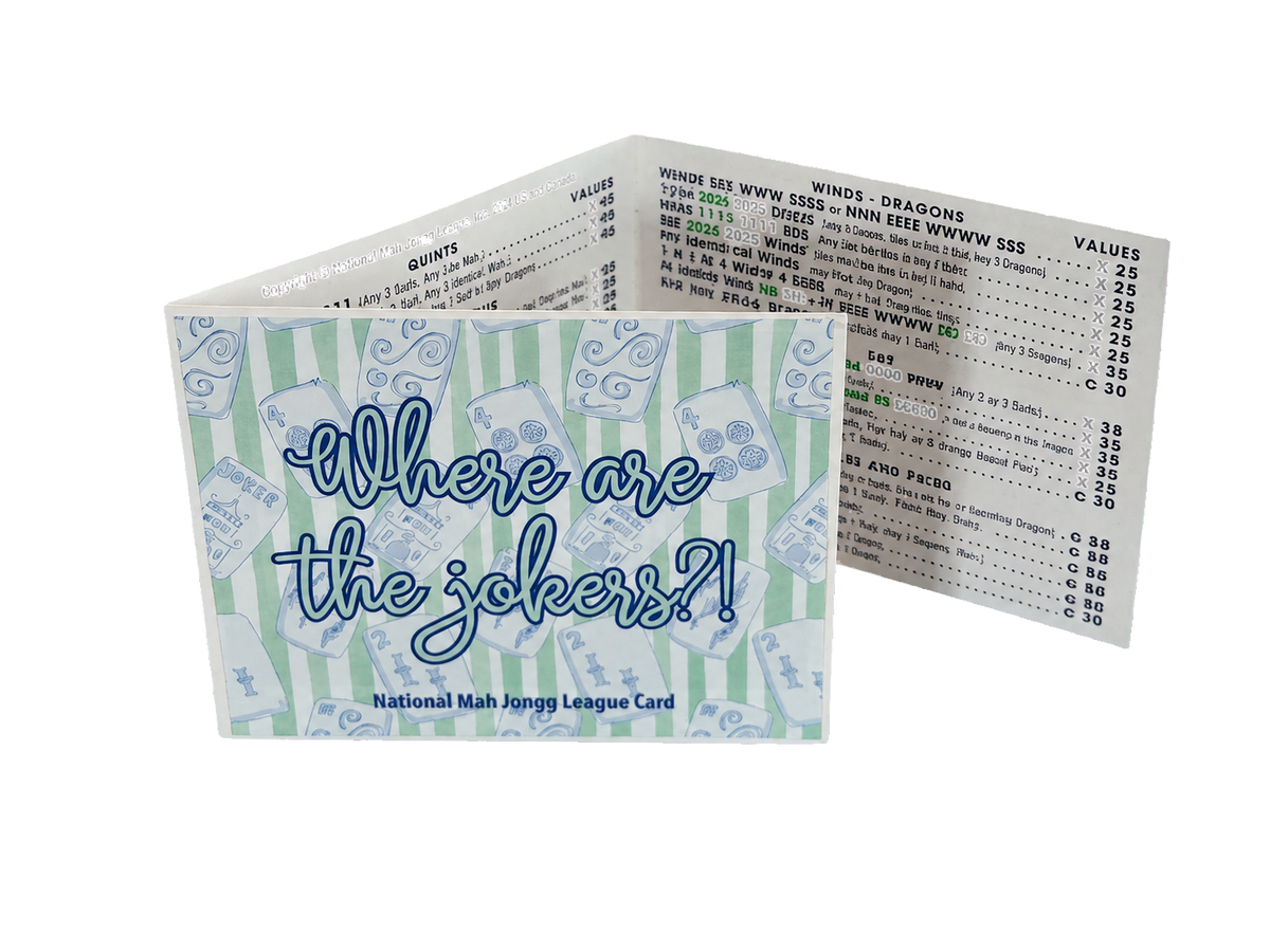 A Mah Jong card game booklet or card pack shown open on a white background, with the front cover reading “Where are the jokers?!” and the subtitle “National Mah Jong League Card.” The cover has a mint green and white striped pattern with blue cartoon jokers and text.